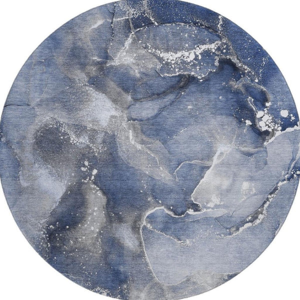HomeRoots 8' Navy Blue and Ivory Abstract Washable Round Rug - Stylish, Durable, and UV-Protected for Any Space 647239