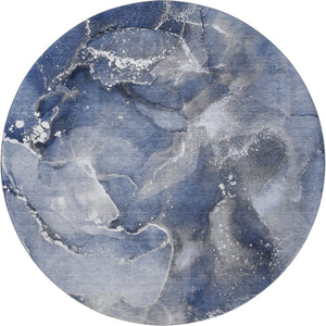 HomeRoots 8' Navy Blue and Ivory Abstract Washable Round Rug - Stylish, Durable, and UV-Protected for Any Space 647239