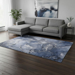 HomeRoots 9' X 12' Navy Blue Abstract Area Rug - Washable, UV-Protected, Durable & Stain-Resistant Design 647241