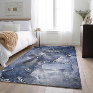 HomeRoots 9' X 12' Navy Blue Abstract Area Rug - Washable, UV-Protected, Durable & Stain-Resistant Design 647241