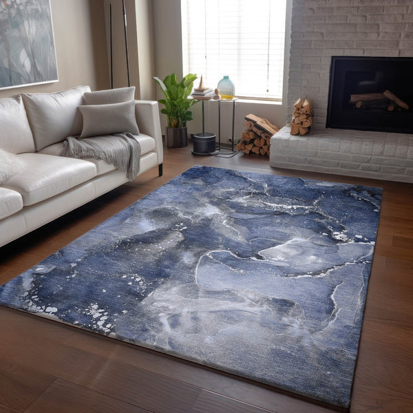 HomeRoots 9' X 12' Navy Blue Abstract Area Rug - Washable, UV-Protected, Durable & Stain-Resistant Design 647241