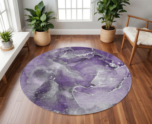HomeRoots 8' Washable Round Rug in Purple and Ivory - Stylish Abstract Design with UV Protection & Durability 647245