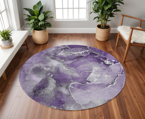 HomeRoots 8' Washable Round Rug in Purple and Ivory - Stylish Abstract Design with UV Protection & Durability 647245