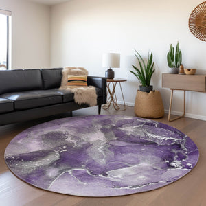 HomeRoots 8' Washable Round Rug in Purple and Ivory - Stylish Abstract Design with UV Protection & Durability 647245