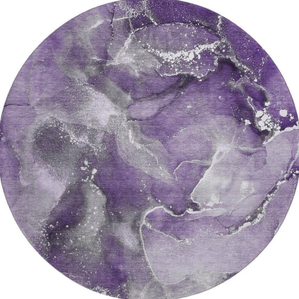 HomeRoots 8' Washable Round Rug in Purple and Ivory - Stylish Abstract Design with UV Protection & Durability 647245