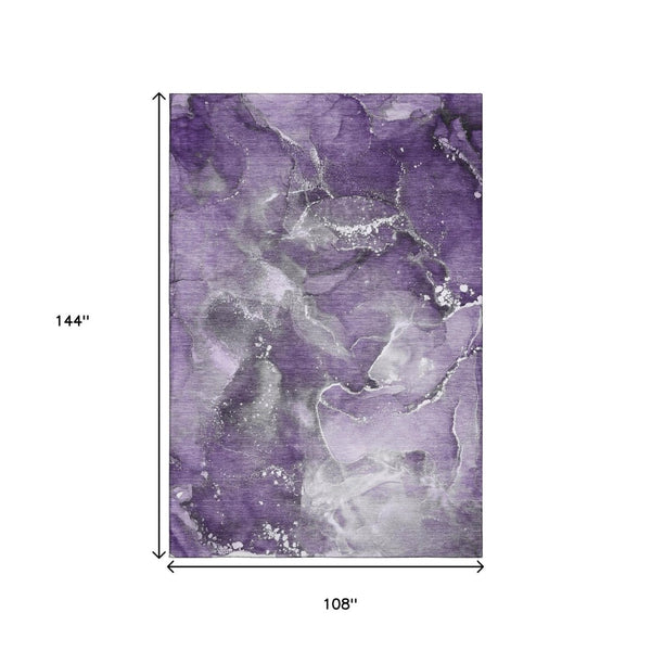 HomeRoots 9' X 12' Purple And Ivory Abstract Area Rug - Washable, UV-Protected, Durable, Modern Design for Homes 647247