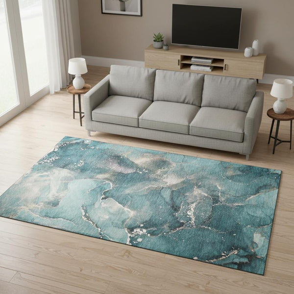 HomeRoots 5' X 8' Teal and Ivory Abstract Area Rug - Washable, UV-Protected, Modern Design for Any Space 647250