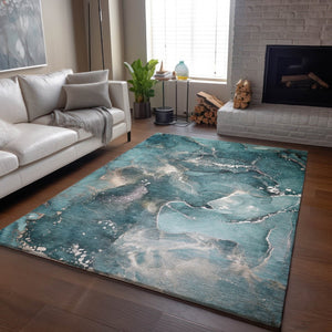 HomeRoots 5' X 8' Teal and Ivory Abstract Area Rug - Washable, UV-Protected, Modern Design for Any Space 647250