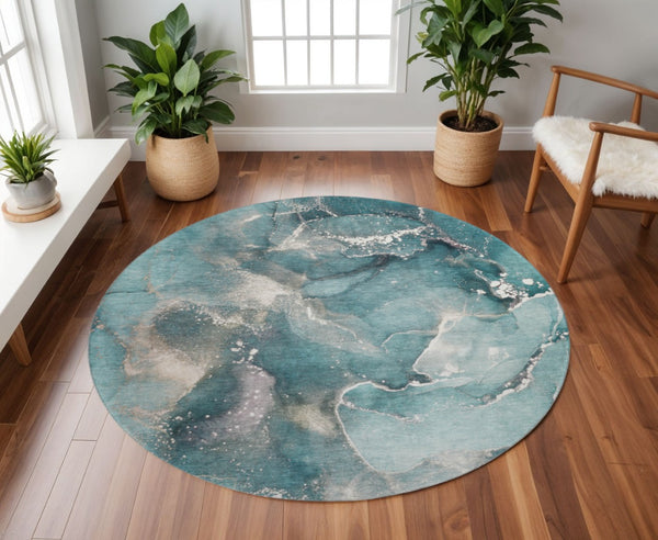 HomeRoots 8' Teal And Ivory Abstract Round Rug - Washable, UV Protected, Stylish & Durable for Busy Homes 647251