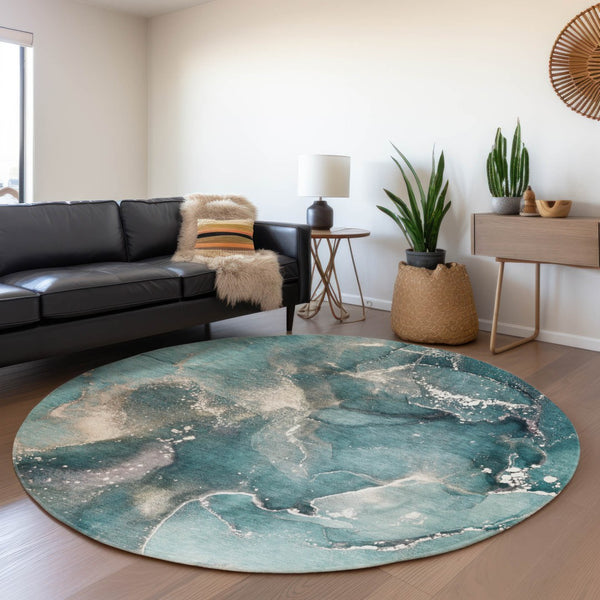 HomeRoots 8' Teal And Ivory Abstract Round Rug - Washable, UV Protected, Stylish & Durable for Busy Homes 647251