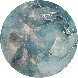 HomeRoots 8' Teal And Ivory Abstract Round Rug - Washable, UV Protected, Stylish & Durable for Busy Homes 647251