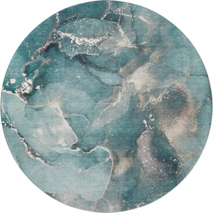 HomeRoots 8' Teal And Ivory Abstract Round Rug - Washable, UV Protected, Stylish & Durable for Busy Homes 647251