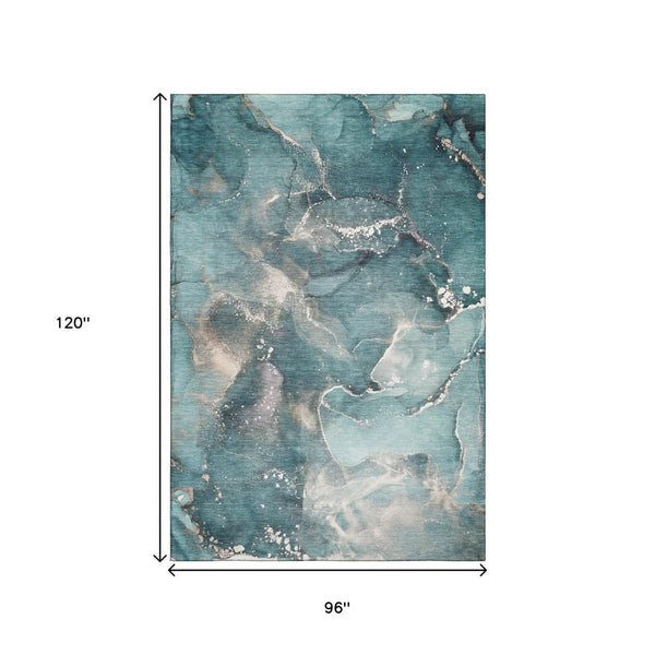 HomeRoots 8' X 10' Teal and Ivory Abstract Washable Area Rug - Durable, Stain-Resistant, UV Protected Design! 647252