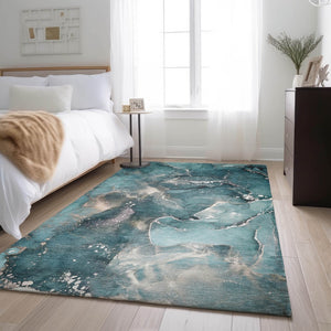 HomeRoots 8' X 10' Teal and Ivory Abstract Washable Area Rug - Durable, Stain-Resistant, UV Protected Design! 647252