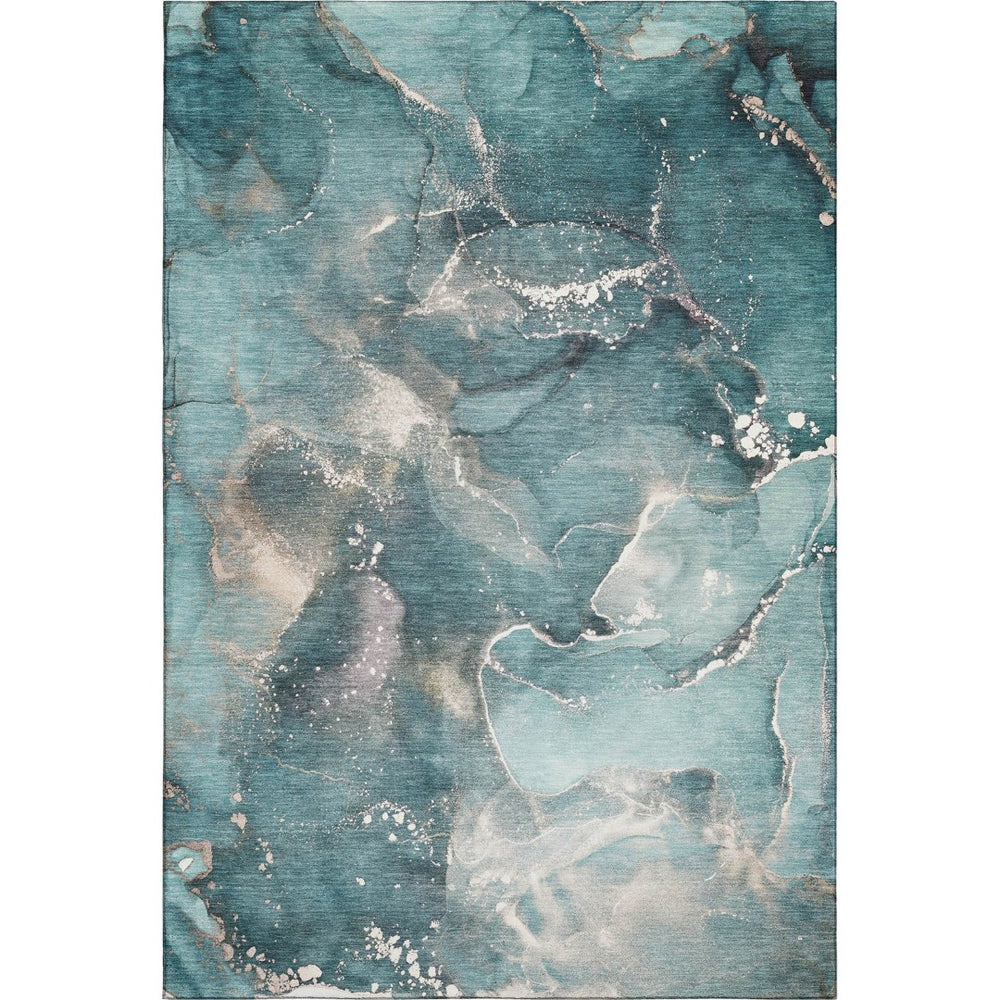 HomeRoots 8' X 10' Teal and Ivory Abstract Washable Area Rug - Durable, Stain-Resistant, UV Protected Design! 647252