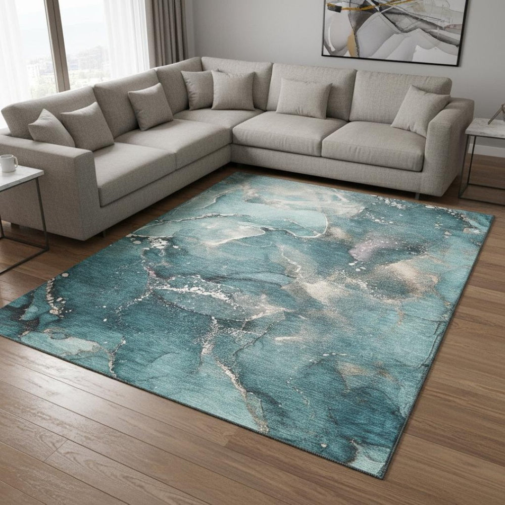 HomeRoots 8' X 10' Teal and Ivory Abstract Washable Area Rug - Durable, Stain-Resistant, UV Protected Design! 647252
