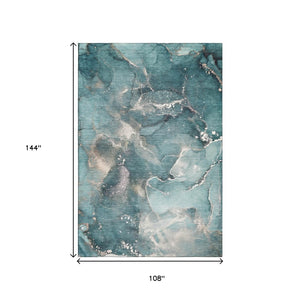 HomeRoots 9' X 12' Teal and Ivory Abstract Area Rug - Washable, UV-Protected, Stylish & Durable for Homes 647253