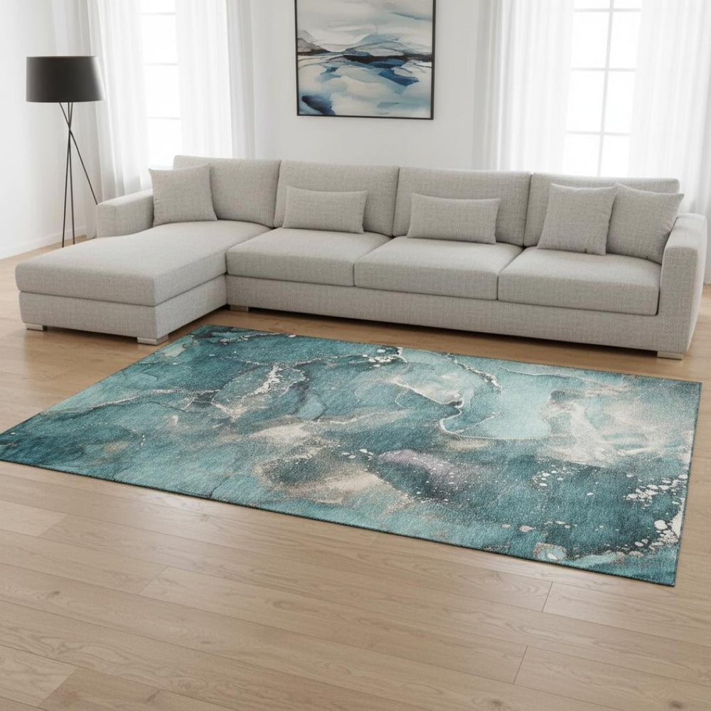 HomeRoots 9' X 12' Teal and Ivory Abstract Area Rug - Washable, UV-Protected, Stylish & Durable for Homes 647253