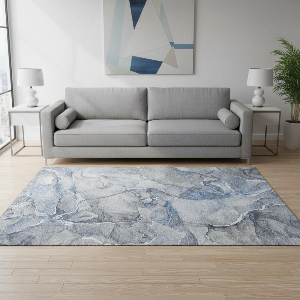 HomeRoots 5' X 8' Blue And Ivory Abstract Washable Area Rug – Durable, Stylish & UV-Protected for Homes! 647256