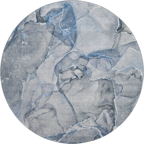 HomeRoots 8' Blue and Ivory Abstract Round Rug - Washable, UV Protected, Durable for High-Traffic Spaces 647257
