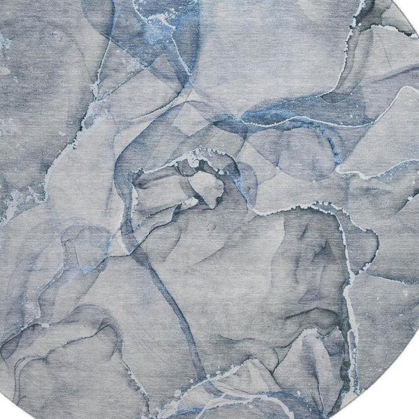 HomeRoots 8' Blue and Ivory Abstract Round Rug - Washable, UV Protected, Durable for High-Traffic Spaces 647257