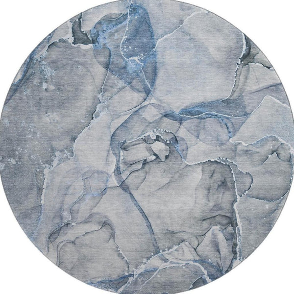 HomeRoots 8' Blue and Ivory Abstract Round Rug - Washable, UV Protected, Durable for High-Traffic Spaces 647257