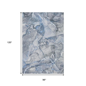 HomeRoots 8' X 10' Stylish Blue and Ivory Abstract Washable Area Rug with UV Protection for Modern Homes 647258