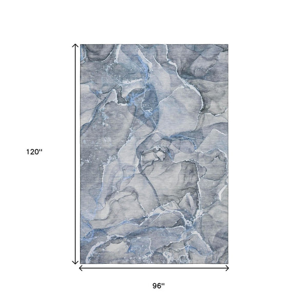 HomeRoots 8' X 10' Stylish Blue and Ivory Abstract Washable Area Rug with UV Protection for Modern Homes 647258