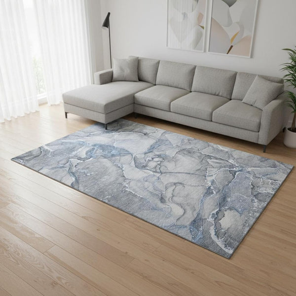 HomeRoots 8' X 10' Stylish Blue and Ivory Abstract Washable Area Rug with UV Protection for Modern Homes 647258