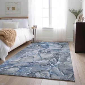 HomeRoots 8' X 10' Stylish Blue and Ivory Abstract Washable Area Rug with UV Protection for Modern Homes 647258