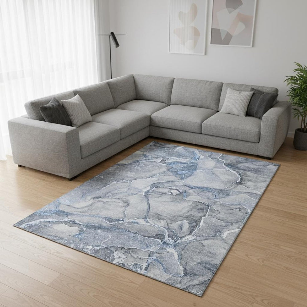 HomeRoots 9' X 12' Blue And Ivory Abstract Washable Area Rug - Durable, Stylish, UV-Protected for Any Space! 647259