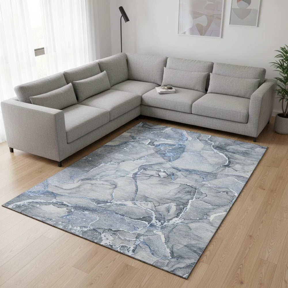 HomeRoots 10' X 14' Blue and Ivory Abstract Area Rug - Washable, UV Protected, Stylish & Durable for Busy Homes 647260