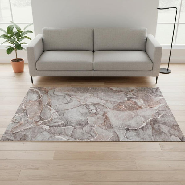 HomeRoots 5' Gray and Ivory Abstract Washable Area Rug - UV Protected, Durable Design for High-Traffic Spaces 647262