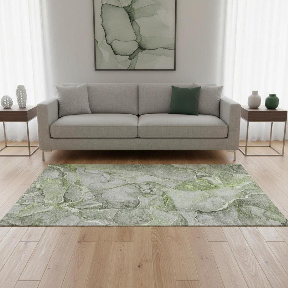 HomeRoots 5' X 8' Green And Ivory Abstract Area Rug – Durable, Washable, UV-Protected for Modern Homes 647268