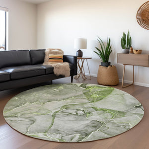 HomeRoots 8' Green And Ivory Abstract Round Washable Rug - Durable, UV Protected, Modern Style for Any Space 647269