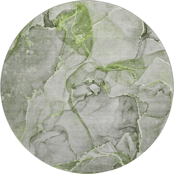 HomeRoots 8' Green And Ivory Abstract Round Washable Rug - Durable, UV Protected, Modern Style for Any Space 647269