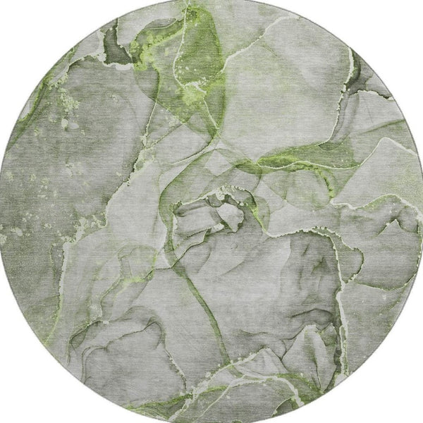 HomeRoots 8' Green And Ivory Abstract Round Washable Rug - Durable, UV Protected, Modern Style for Any Space 647269