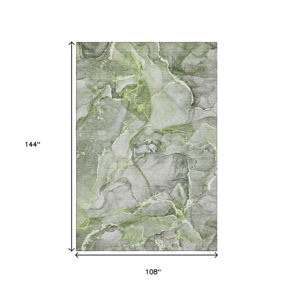 HomeRoots 9' X 12' Contemporary Green and Ivory Abstract Washable Area Rug with UV Protection for Homes 647271