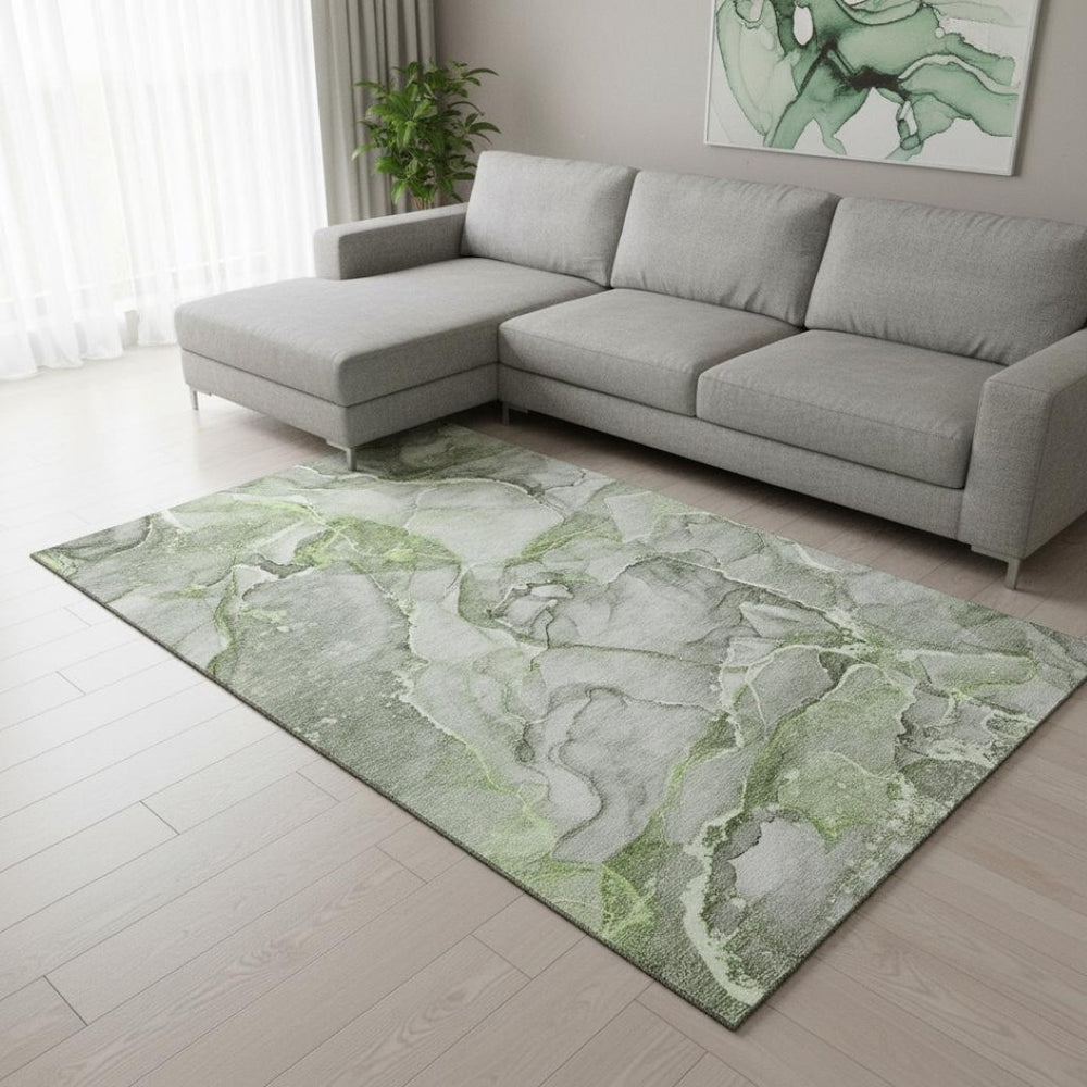 HomeRoots 9' X 12' Contemporary Green and Ivory Abstract Washable Area Rug with UV Protection for Homes 647271