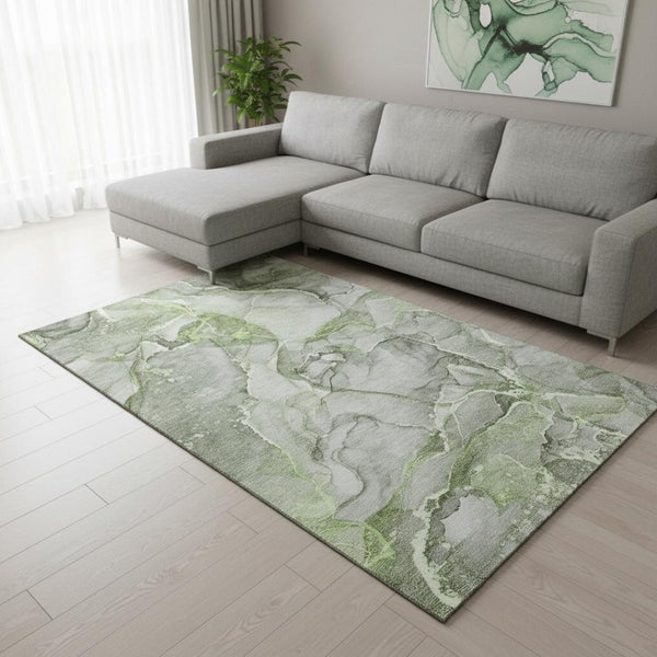 HomeRoots 9' X 12' Contemporary Green and Ivory Abstract Washable Area Rug with UV Protection for Homes 647271