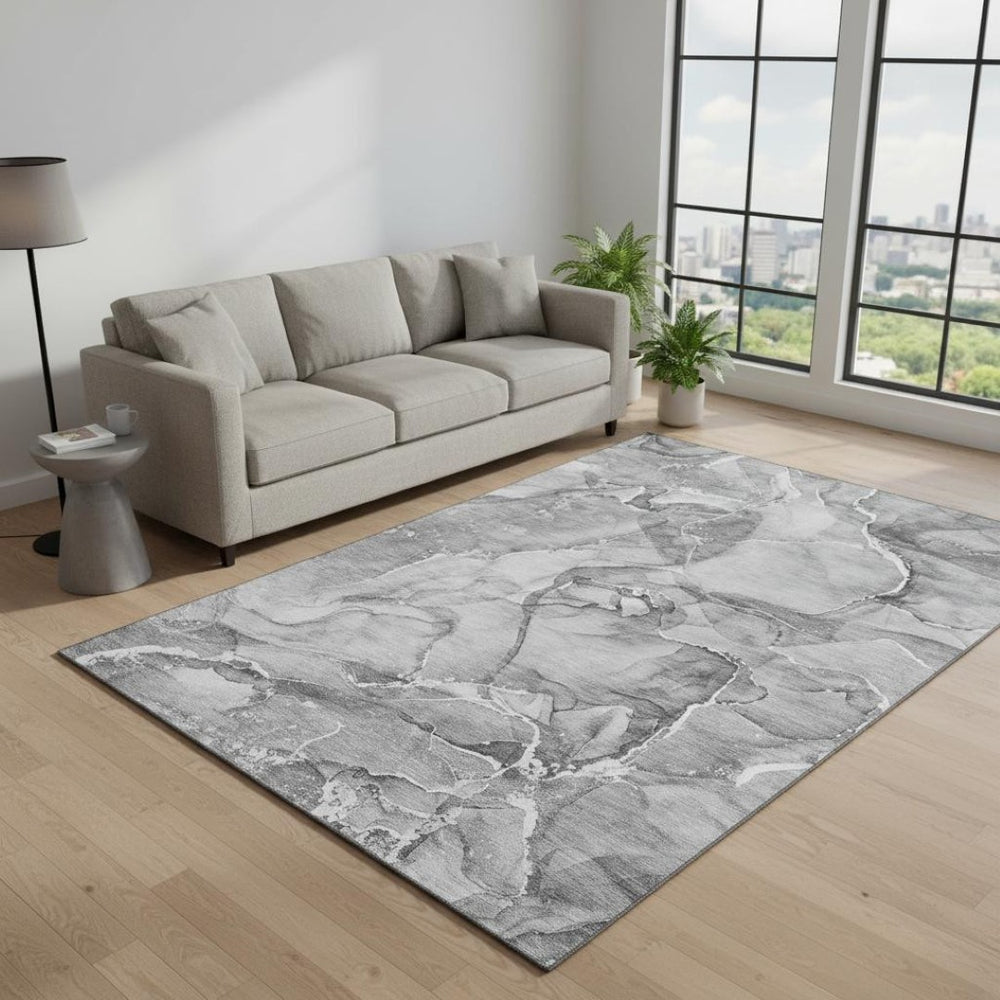 HomeRoots 5' X 8' Abstract Pewter and Ivory Washable Area Rug – Stain-Resistant, UV-Protected, Durable Style 647274