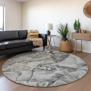 HomeRoots 8' Stylish Pewter and Ivory Abstract Washable Round Rug with Stain Resistance and UV Protection 647275