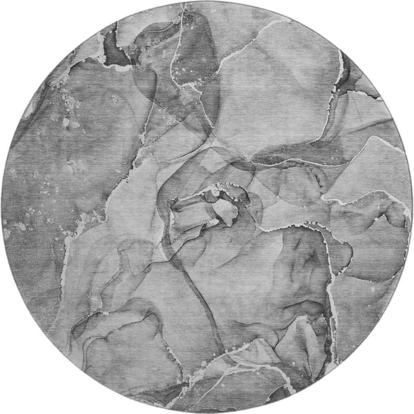 HomeRoots 8' Stylish Pewter and Ivory Abstract Washable Round Rug with Stain Resistance and UV Protection 647275