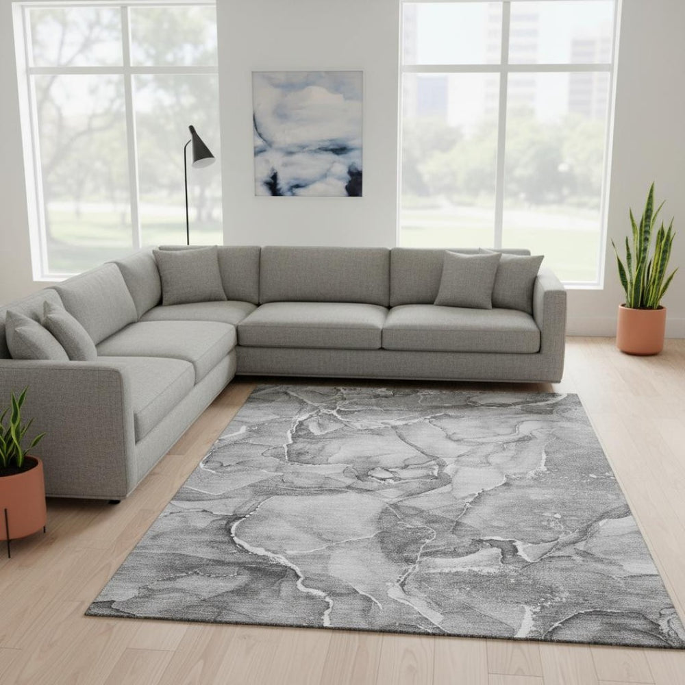 HomeRoots 8' X 10' Modern Pewter & Ivory Abstract Area Rug - Washable, UV Protected, Perfect for Busy Homes! 647276