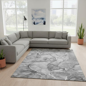 HomeRoots 8' X 10' Modern Pewter & Ivory Abstract Area Rug - Washable, UV Protected, Perfect for Busy Homes! 647276