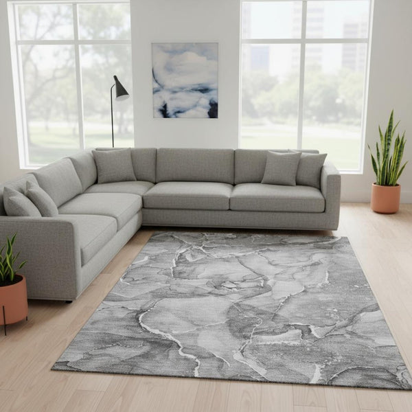 HomeRoots 8' X 10' Modern Pewter & Ivory Abstract Area Rug - Washable, UV Protected, Perfect for Busy Homes! 647276