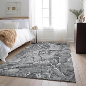 HomeRoots 8' X 10' Modern Pewter & Ivory Abstract Area Rug - Washable, UV Protected, Perfect for Busy Homes! 647276