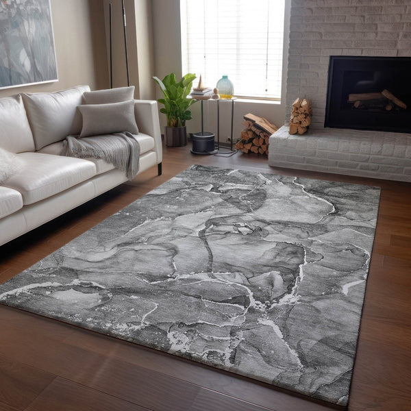 HomeRoots 8' X 10' Modern Pewter & Ivory Abstract Area Rug - Washable, UV Protected, Perfect for Busy Homes! 647276
