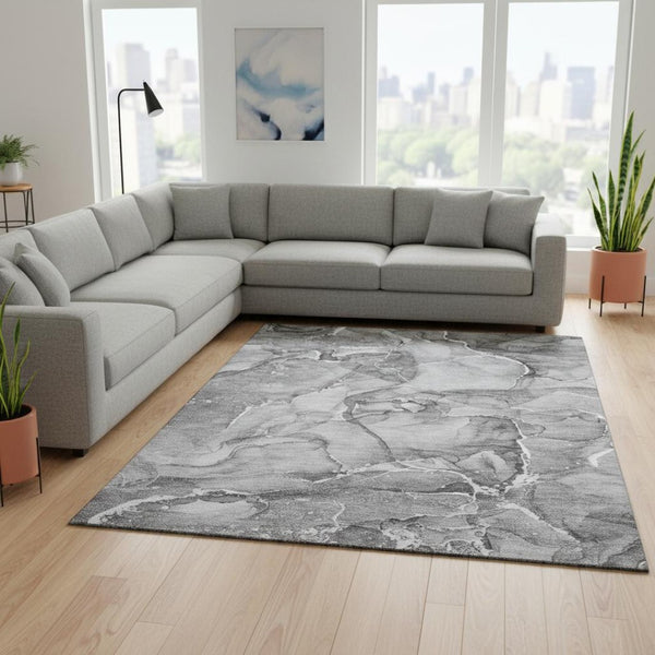 HomeRoots 9' X 12' Modern Pewter & Ivory Abstract Area Rug - Washable, Stain Resistant with UV Protection 647277