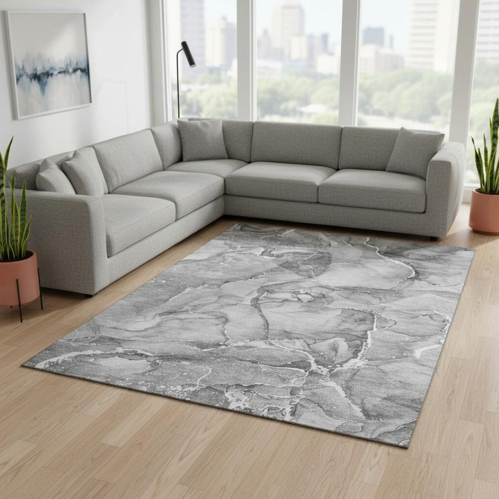 HomeRoots 10' X 14' Modern Pewter and Ivory Abstract Washable Area Rug with UV Protection for Busy Homes 647278